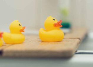 Enten auf einem Brett auf der Badewanne